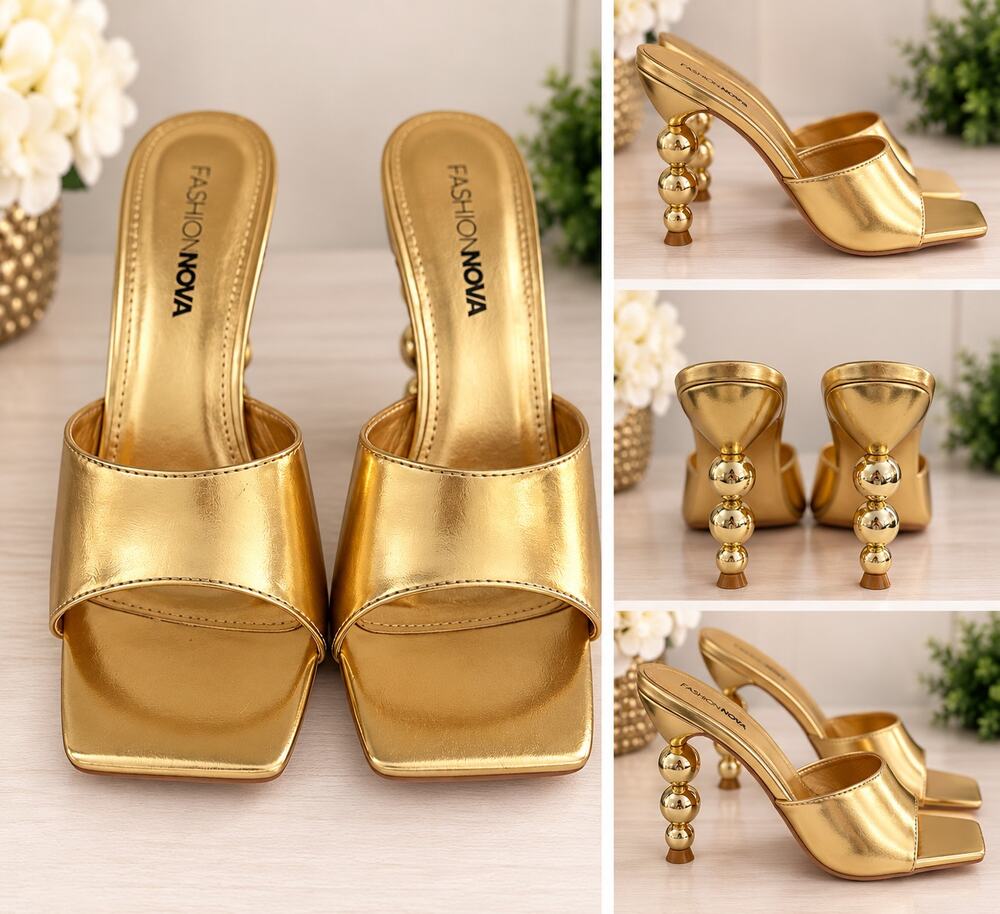 Fashion Nova Metallic Gold Square Toe Statement Heel Mule Sandals New